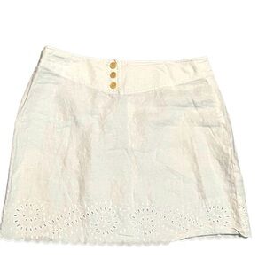 VTG Y2K DKNY White linen EYELET Scalloped Hem Low Waisted mini skirt 10 L